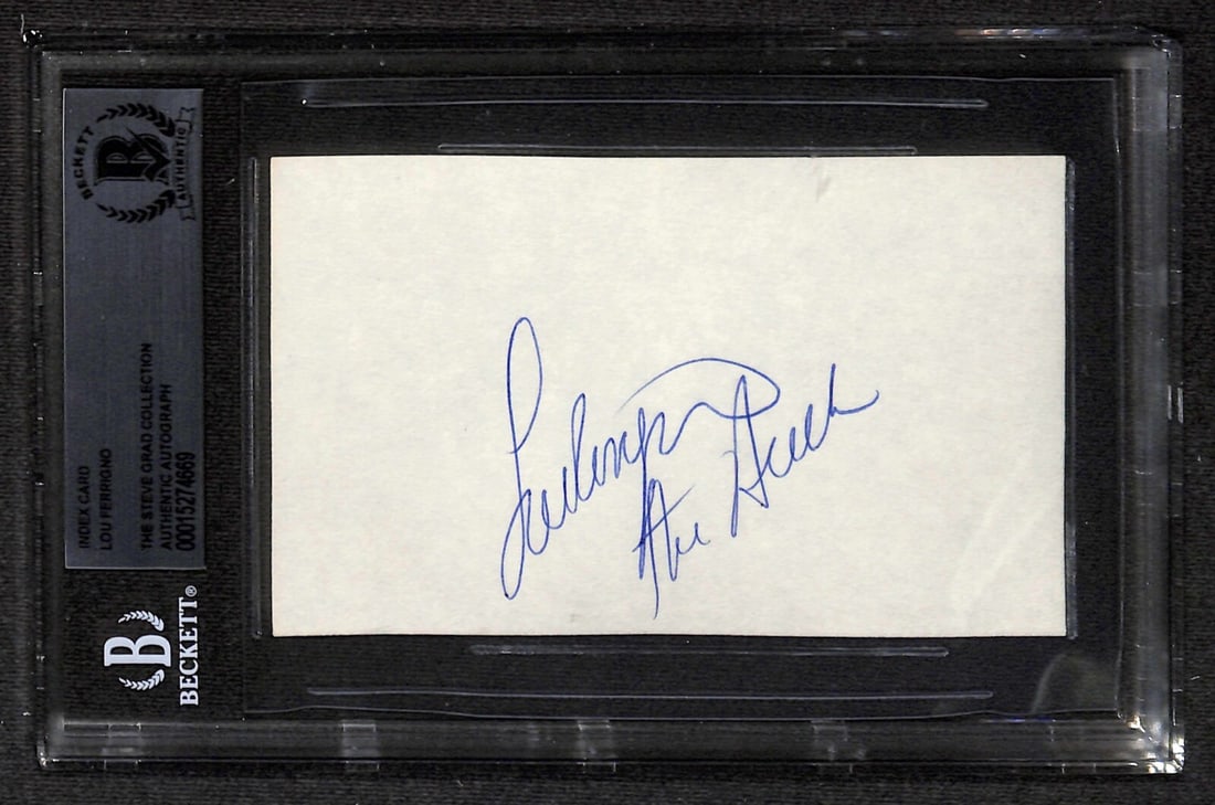 3x5 Index Card Signed by Lou Ferrigno with Inscription Beckett Authenticated: 3x5 Index Card Signed by Lou Ferrigno with Inscription Beckett Authenticated This 3x5 index card is signed and inscribed by Lou Ferrigno, known for his role as The Hulk in the television show "The Inc