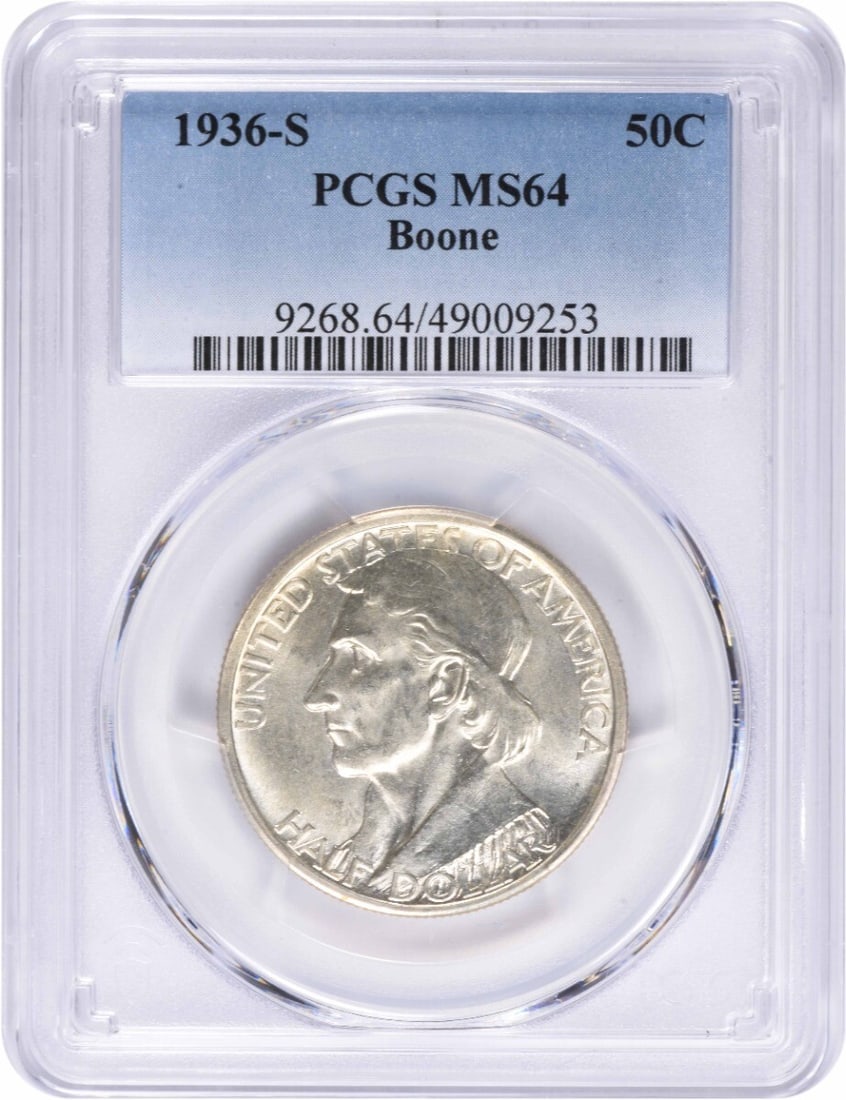 1936-S Silver Half Dollar Commemorative MS64 PCGS Certified Coin: 1936-S Silver Half Dollar Commemorative MS64 PCGS Certified Coin This 1936-S Boone Commemorative Half Dollar is an uncirculated coin graded MS64 by PCGS. Minted in San Francisco, it features a composi
