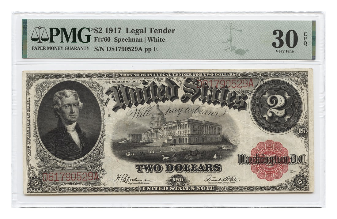 1917 Two Dollar Legal Tender Note PMG VF30 EPQ Large Format: 1917 Two Dollar Legal Tender Note PMG VF30 EPQ Large Format This 1917 $2 Legal Tender note is a large size United States banknote, graded VF30 EPQ by PMG. The note is circulated and from the Legal Ten