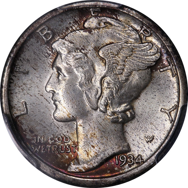 1934-P Mercury Dime PCGS MS67 FB Exceptional Eye Appeal: 1934-P Mercury Dime PCGS MS67 FB Exceptional Eye Appeal This stunning 1934-P Mercury Dime showcases excellent eye appeal, featuring lustrous surfaces and a strong strike. Slightly mottled toning enhan