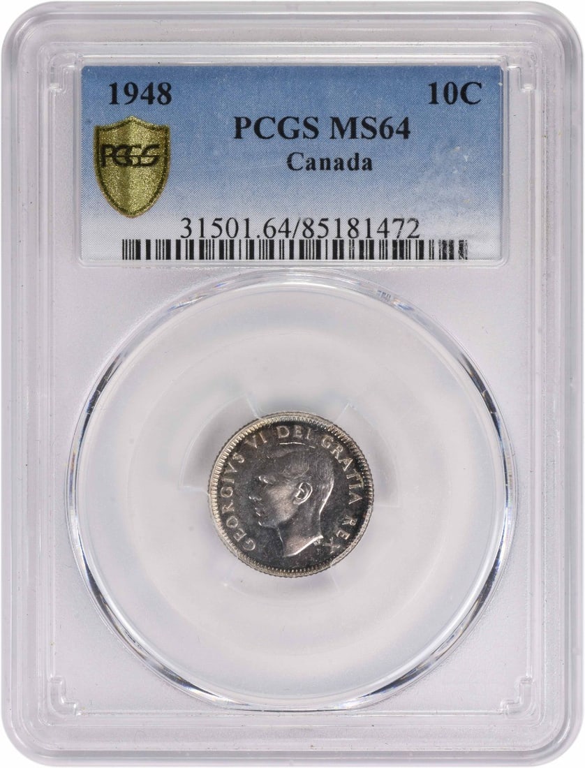 MS64 PCGS Certified 1948 Canadian Dime Uncirculated Coin: MS64 PCGS Certified 1948 Canadian Dime Uncirculated Coin This 1948 Canada 10 Cents coin is graded MS64 by PCGS and remains in uncirculated condition. It is a pre-owned collectible, certified for authe