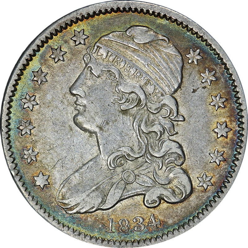 1834 Silver Quarter AU Grade United States Bust Type: 1834 Silver Quarter AU Grade United States Bust Type This 1834 Bust Quarter features exceptional eye appeal, a strong strike, and attractive peripheral toning. The coin is composed of 0.9 fine silver