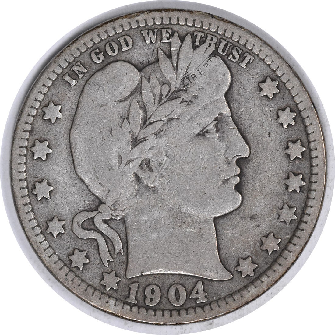 1904-O Barber Silver Quarter 25C Coin by Charles E. Barber: 1904-O Barber Silver Quarter 25C Coin by Charles E. Barber This 1904-O Barber Silver Quarter is a remarkable piece from the New Orleans mint, showcasing the craftsmanship of designer Charles E. Barber