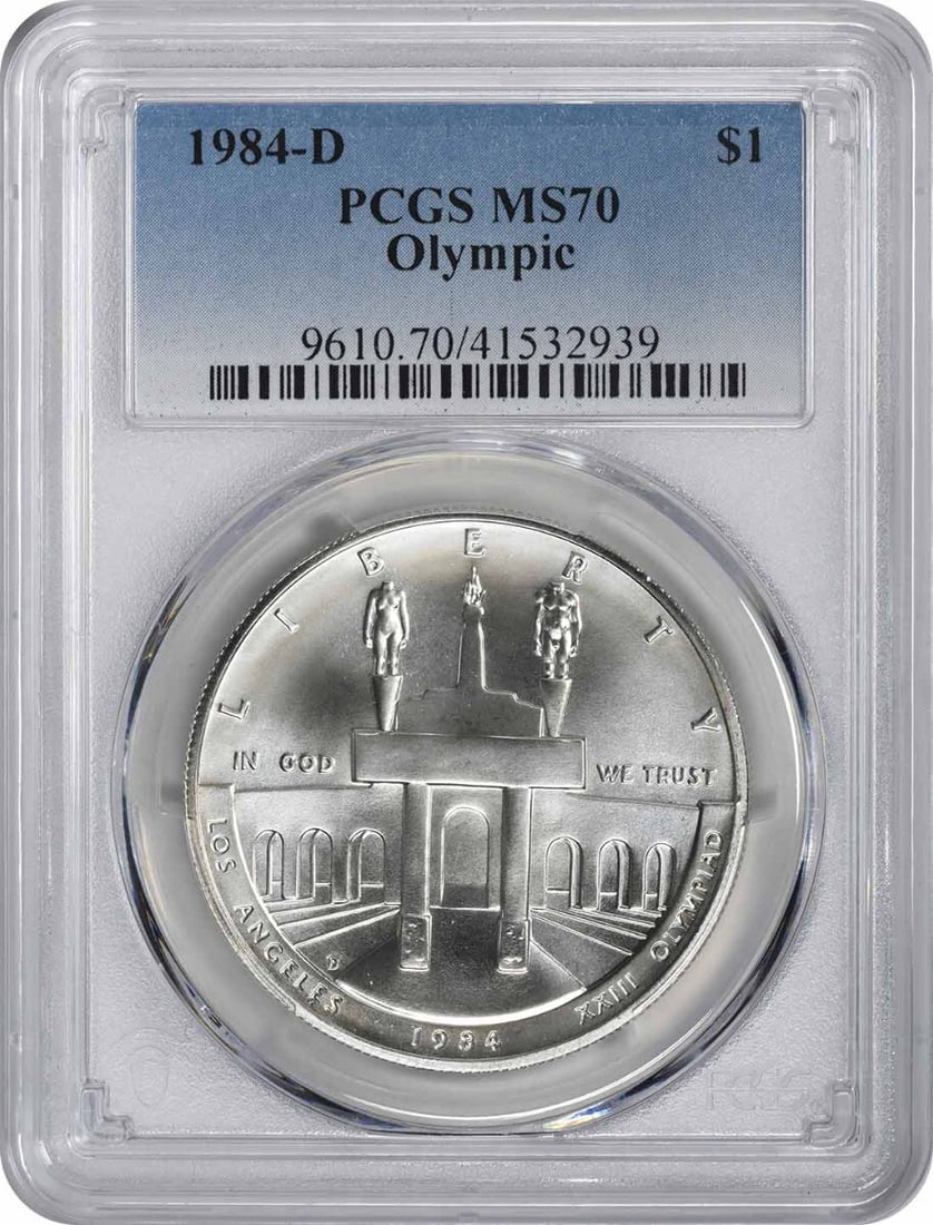 1984-D Olympic Silver Commemorative Dollar MS70 PCGS Certified 90% Silver: 1984-D Olympic Silver Commemorative Dollar MS70 PCGS Certified 90% Silver This 1984-D Olympic Silver Commemorative Dollar is a remarkable collectible, graded MS70 by PCGS, indicating its pristine unci