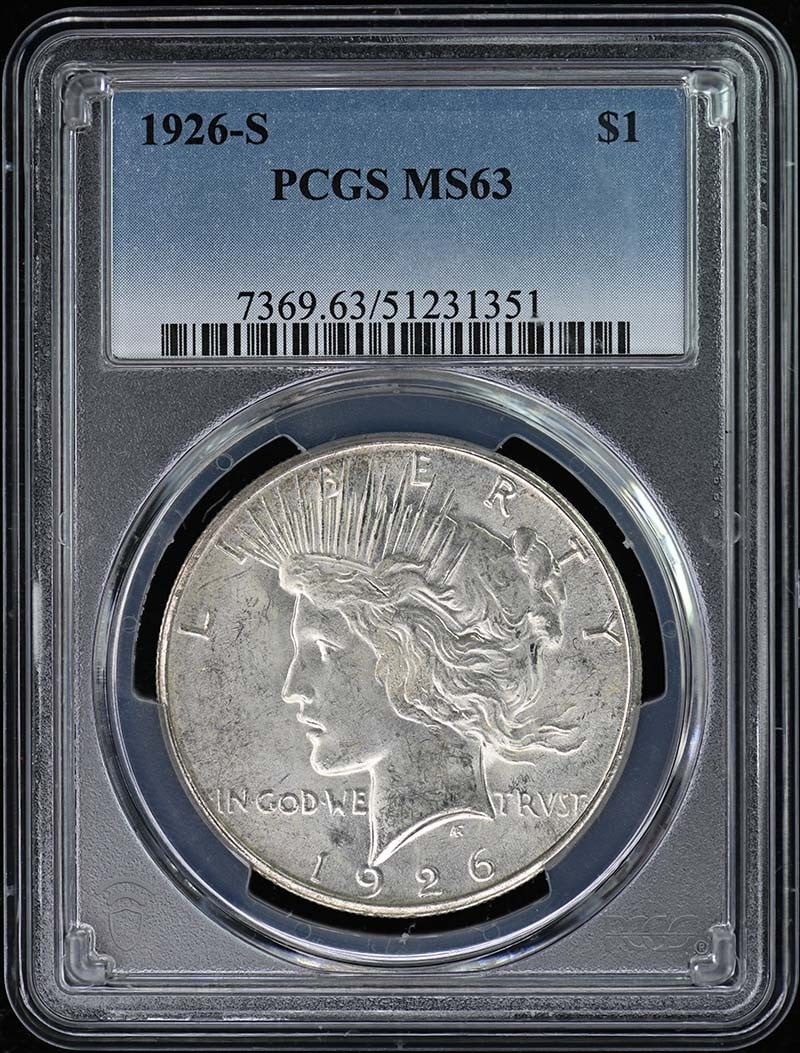 1926-S Peace Dollar $1 PCGS MS63 Uncirculated San Francisco: 1926-S Peace Dollar $1 PCGS MS63 Uncirculated San Francisco This 1926-S Peace Dollar is certified by PCGS with a grade of MS63, indicating it is in uncirculated condition. Minted in San Francisco, thi