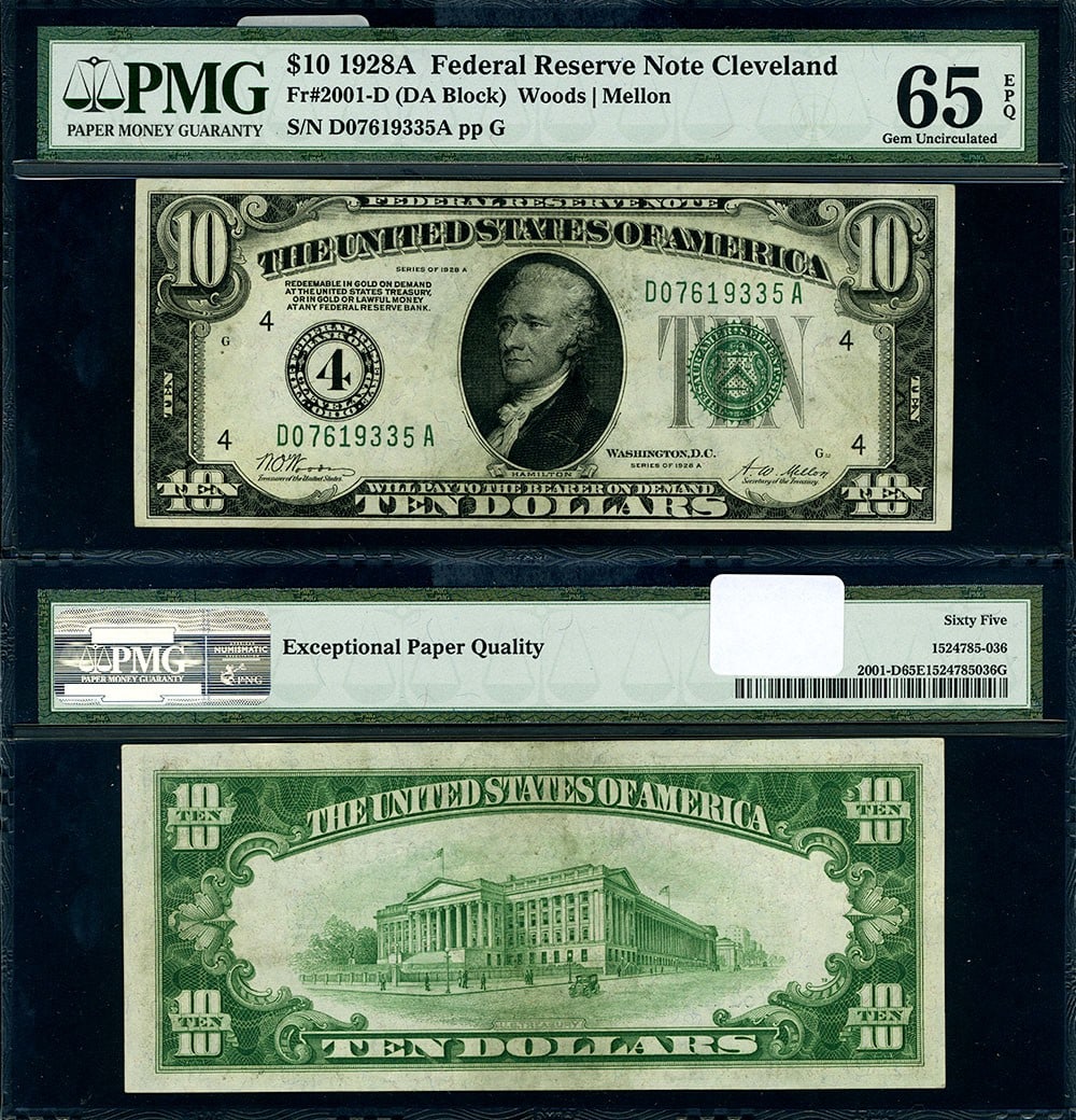 1928-A $10 Federal Reserve Note Cleveland D-A Block PMG CU65 EPQ: 1928-A $10 Federal Reserve Note Cleveland D-A Block PMG CU65 EPQ This 1928-A Federal Reserve Note, denomination $10, is an uncirculated piece graded as Gem CU65 EPQ by PMG, indicating exceptional qual