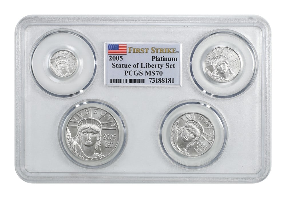 2005 PCGS MS70 First Strike Platinum Four Coin Statue of Liberty Set: 2005 PCGS MS70 First Strike Platinum Four Coin Statue of Liberty Set This 2005 Platinum Statue of Liberty set includes four uncirculated coins with denominations ranging from $10 to $100. Each coin ha