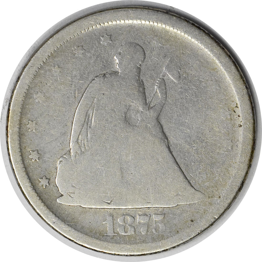 1875 San Francisco 20 Cent Silver Coin Circulated Good Grade Uncertified: 1875 San Francisco 20 Cent Silver Coin Circulated Good Grade Uncertified This 1875-S Twenty Cent Silver Piece is a circulated coin from the United States, minted in San Francisco. Designed by William