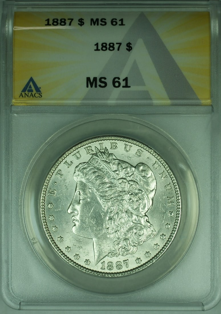 1887 Morgan Dollar ANACS MS 61 Uncirculated Philadelphia Silver Coin: 1887 Morgan Dollar ANACS MS 61 Uncirculated Philadelphia Silver Coin This 1887 Morgan Silver Dollar is certified by ANACS with a grade of MS 61. Struck in Philadelphia, it features a silver compositio