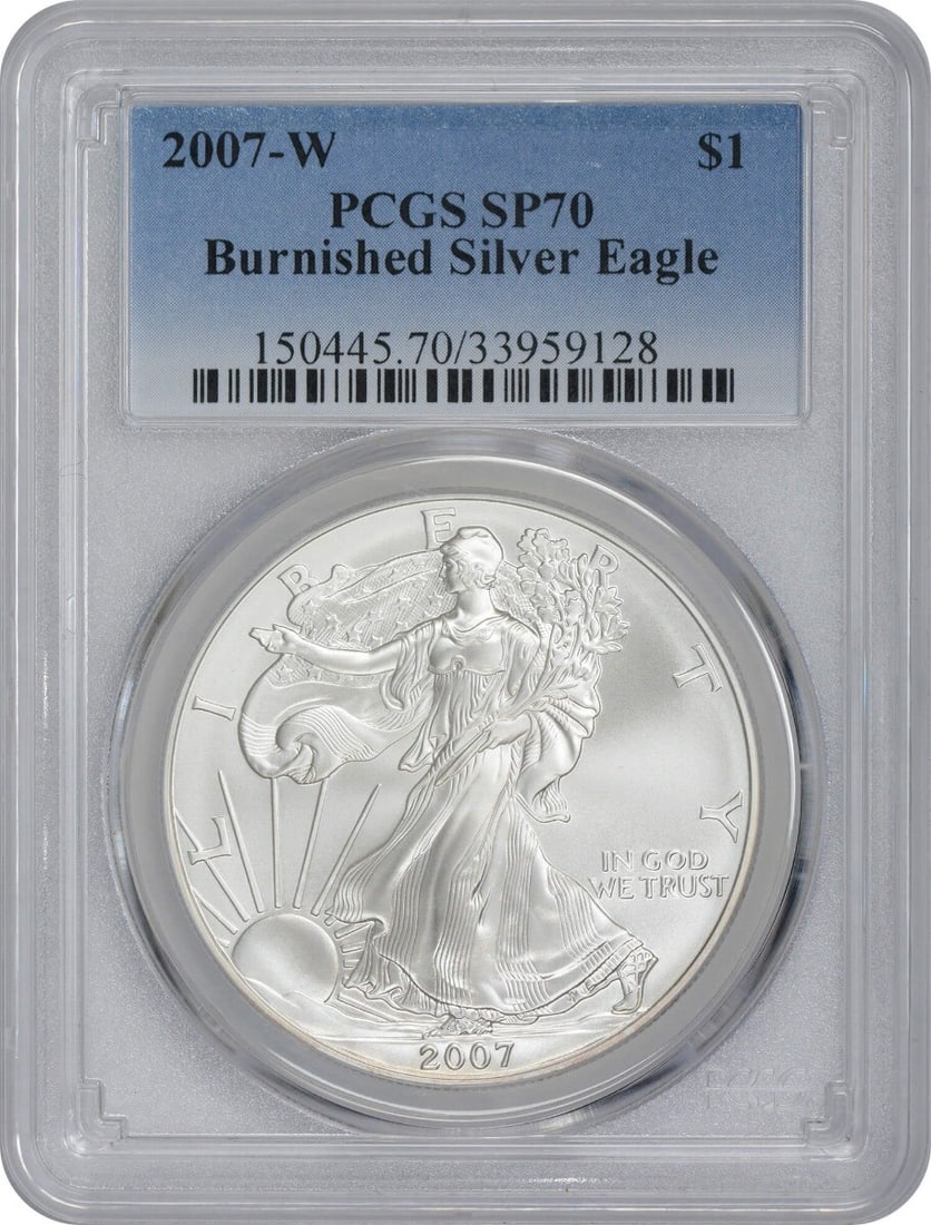 2007-W $1 American Silver Eagle Burnished SP70 PCGS Certified Coin: 2007-W $1 American Silver Eagle Burnished SP70 PCGS Certified Coin This 2007-W $1 American Silver Eagle is a stunning example of the iconic coin, featuring a burnished strike that enhances its beauty.