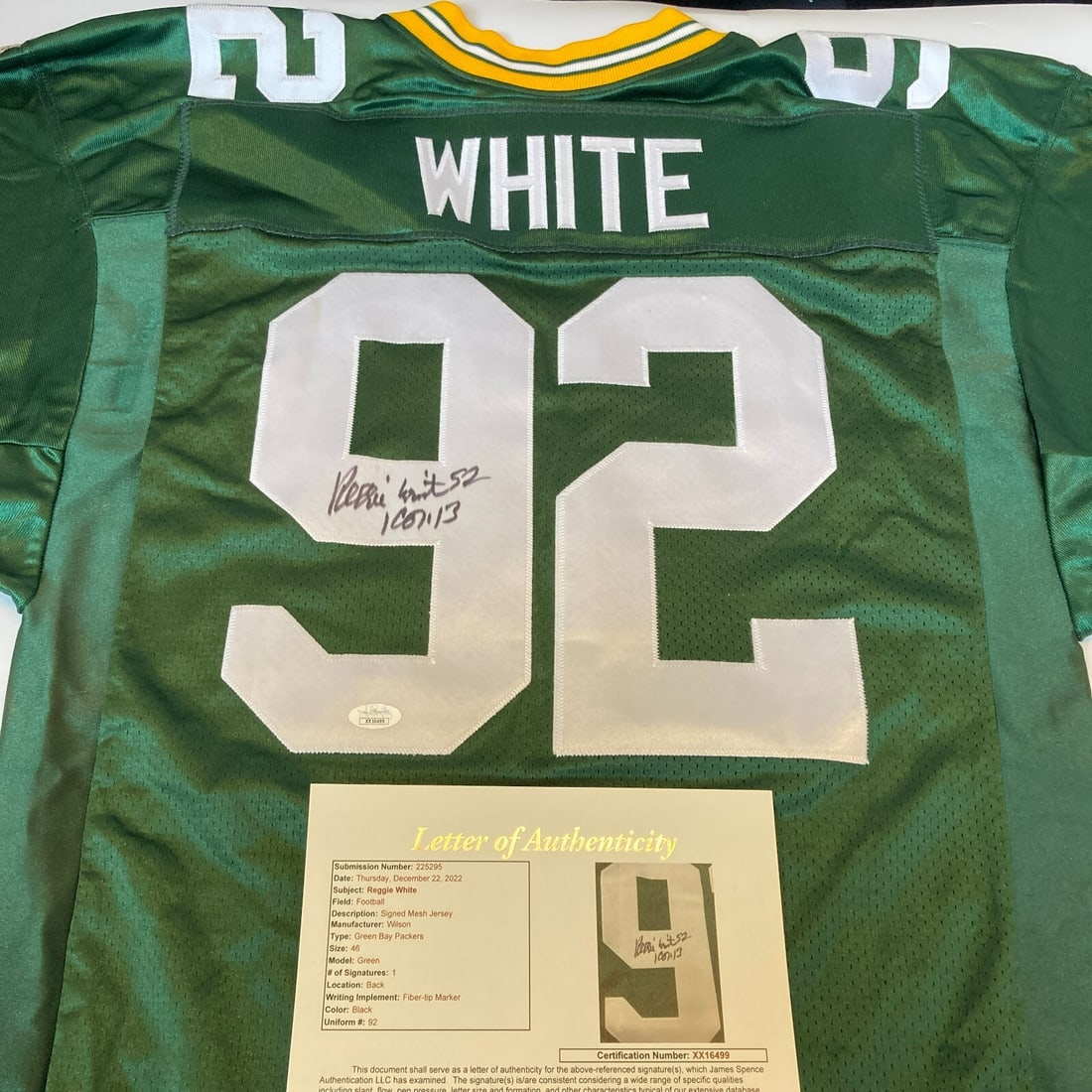 Reggie White Signed Green Bay Packers Game Jersey with JSA COA: Reggie White Signed Green Bay Packers Game Jersey with JSA COA This authentic Wilson Green Bay Packers game model jersey is signed by NFL legend Reggie White. The jersey showcases the iconic green and
