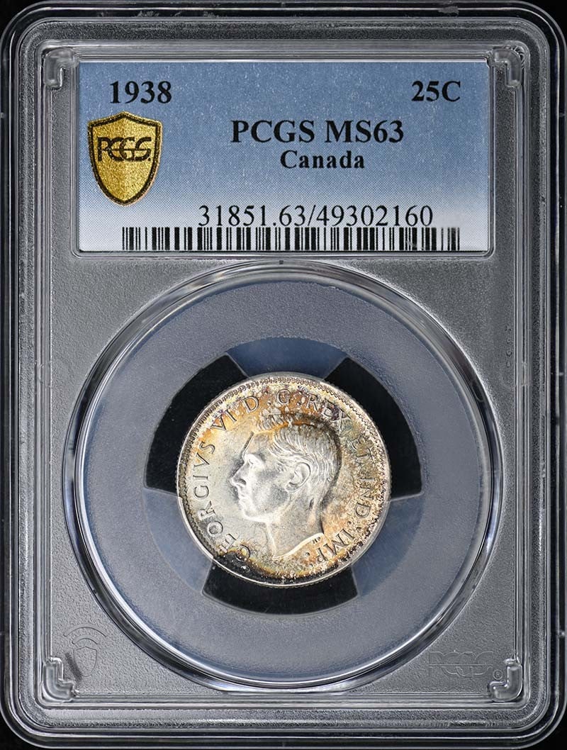 Canada 1938 Quarter George VI PCGS MS63 Certified Uncirculated: Canada 1938 Quarter George VI PCGS MS63 Certified Uncirculated This 1938 Canadian 25-cent coin features King George VI and has been professionally graded MS63 by PCGS. The coin is uncirculated and cer