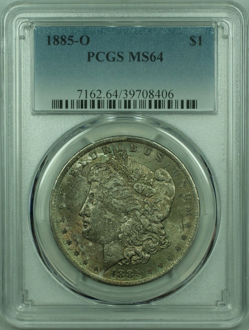 PCGS MS64 1885-O Morgan Dollar Silver $1 Coin Toned Obverse New Orleans Mint: PCGS MS64 1885-O Morgan Dollar Silver $1 Coin Toned Obverse New Orleans Mint This 1885-O Morgan Silver Dollar is a $1 coin minted in New Orleans. Certified by PCGS with a grade of MS-64, it features a