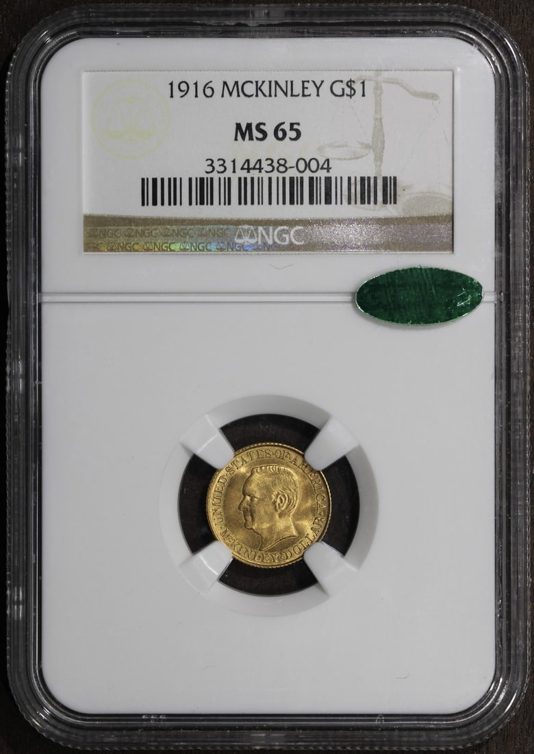 1916 McKinley Gold Dollar MS65 NGC CAC Certified Philadelphia Mint: 1916 McKinley Gold Dollar MS65 NGC CAC Certified Philadelphia Mint This is a 1916 McKinley Commemorative Gold Dollar graded MS65 by NGC and certified by CAC. The coin is uncirculated and was minted in