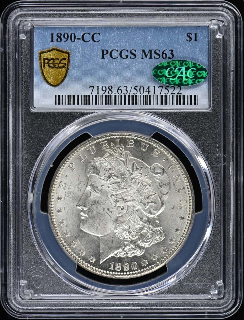 1890-CC Morgan Dollar PCGS MS63 CAC Certified Uncirculated: 1890-CC Morgan Dollar PCGS MS63 CAC Certified Uncirculated This 1890-CC Morgan Dollar is a stunning piece of numismatic history, certified by PCGS and graded MS63, indicating its uncirculated conditio