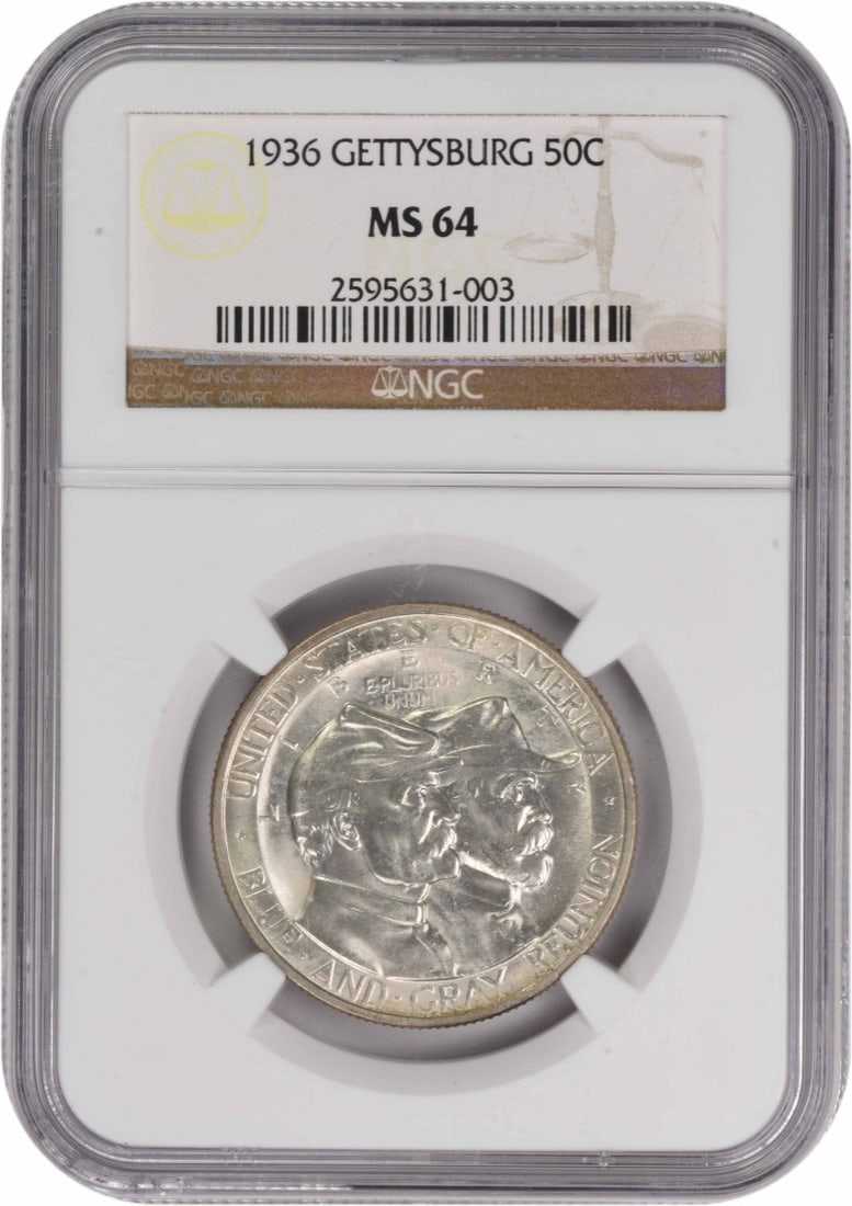 1936 Gettysburg Commemorative Half Dollar MS64 NGC Uncirculated: 1936 Gettysburg Commemorative Half Dollar MS64 NGC Uncirculated This 1936 Gettysburg Commemorative Half Dollar is a stunning collectible piece, struck to honor the Battle of Gettysburg. Graded MS64 by