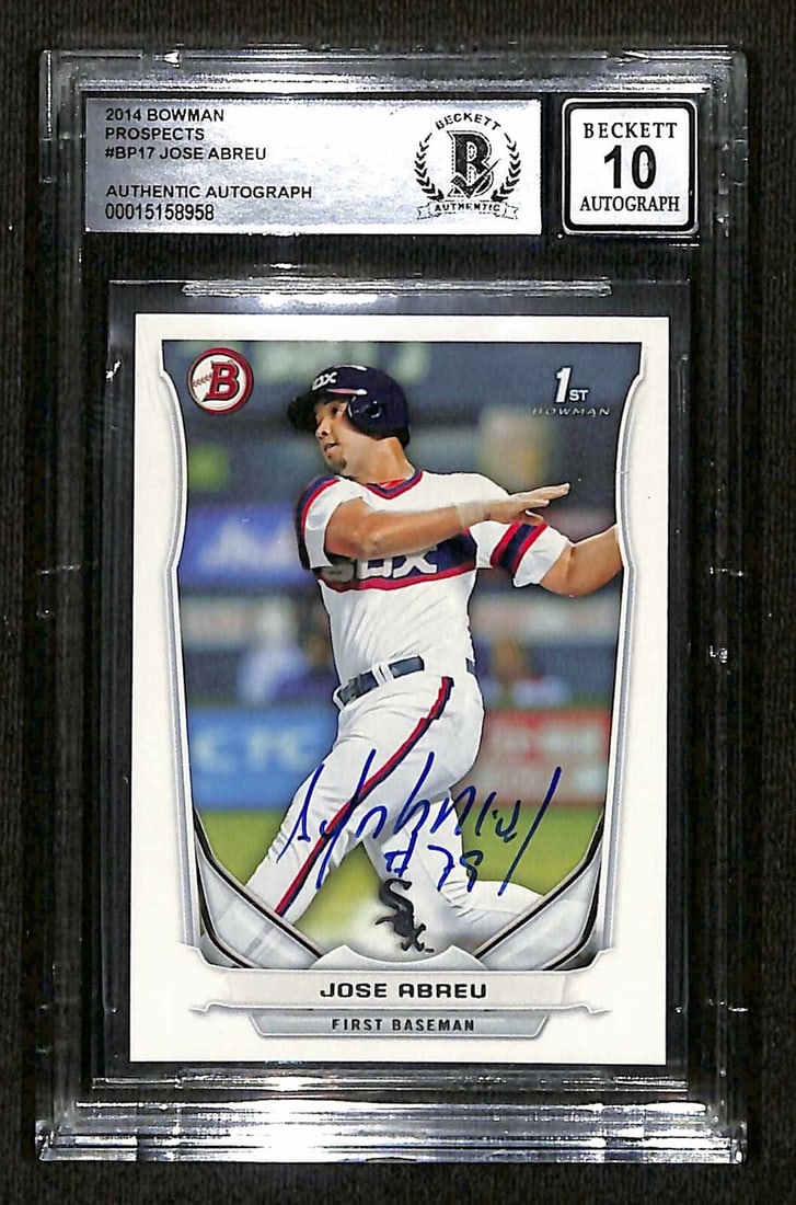 Jose Abreu 2014 Bowman Chrome Prospects BP17 Signed Rookie Card Beckett Auto Grade 10: Jose Abreu 2014 Bowman Chrome Prospects BP17 Signed Rookie Card Beckett Auto Grade 10 This is a signed 2014 Bowman Chrome Prospects Rookie Card #BP17 featuring Jose Abreu. The card has been autographe