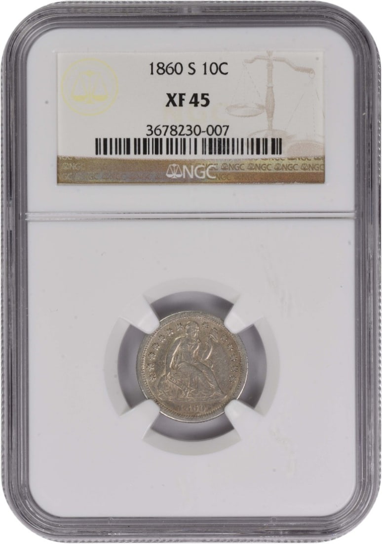 NGC EF45 1860 San Francisco Seated Liberty Dime 90 Percent Silver: NGC EF45 1860 San Francisco Seated Liberty Dime 90 Percent Silver This 1860-S Liberty Seated Silver Dime is certified by NGC and features the iconic Seated Liberty design by Christian Gobrecht. Struck