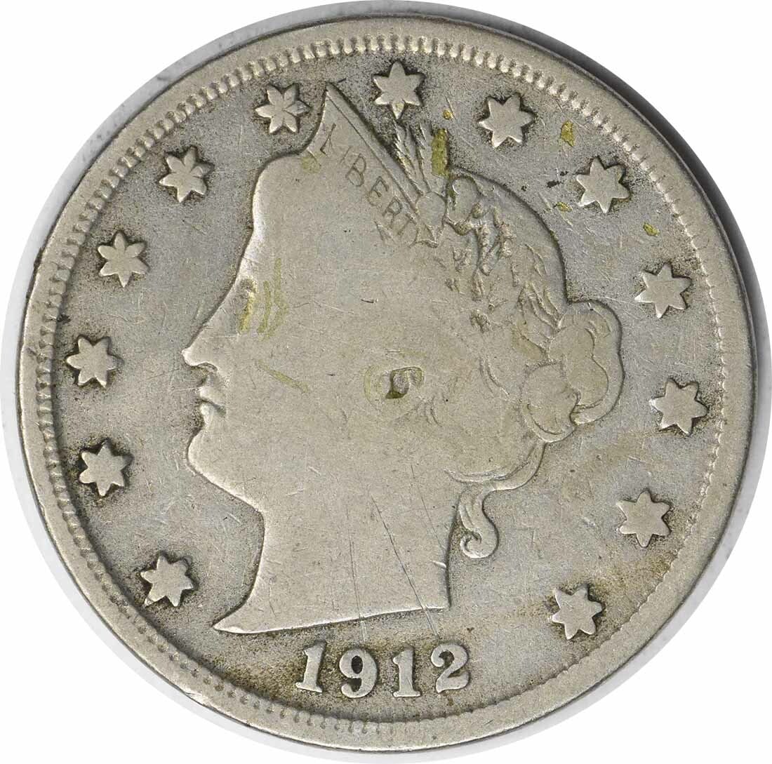 1912-S Liberty Nickel 5C Circulated Uncertified Coin: 1912-S Liberty Nickel 5C Circulated Uncertified Coin This 1912-S Liberty Nickel is a notable addition for any coin collector. It features a grade of Fine (F) and is part of the Liberty series, minted