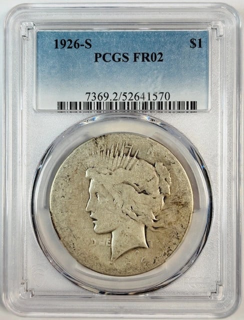 PCGS Graded 1926 San Francisco Silver Peace Dollar FR 2: PCGS Graded 1926 San Francisco Silver Peace Dollar FR 2 This is a 1926 S Peace Dollar certified by PCGS with a grade of FR 2. The coin is composed of silver, was minted in San Francisco, and is in cir