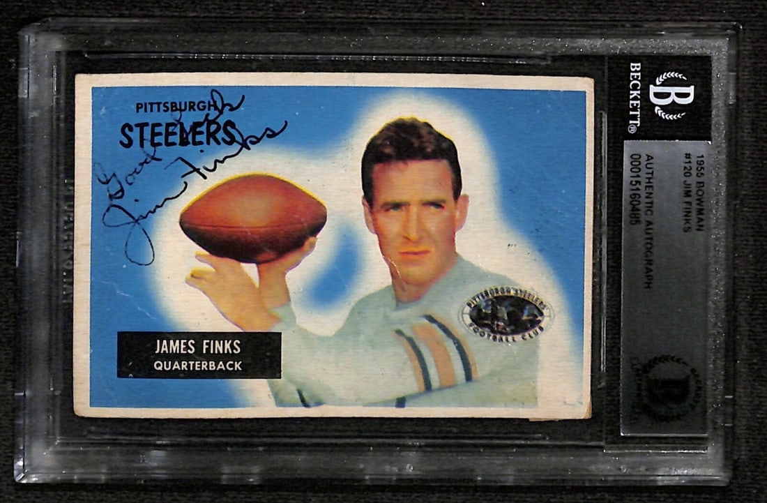 Jim Finks Signed 1955 Bowman #120 Football Card Beckett Authenticated: Jim Finks Signed 1955 Bowman #120 Football Card Beckett Authenticated This is an authentic 1955 Bowman #120 sports trading card signed by Jim Finks, a member of the Pro Football Hall of Fame. The card