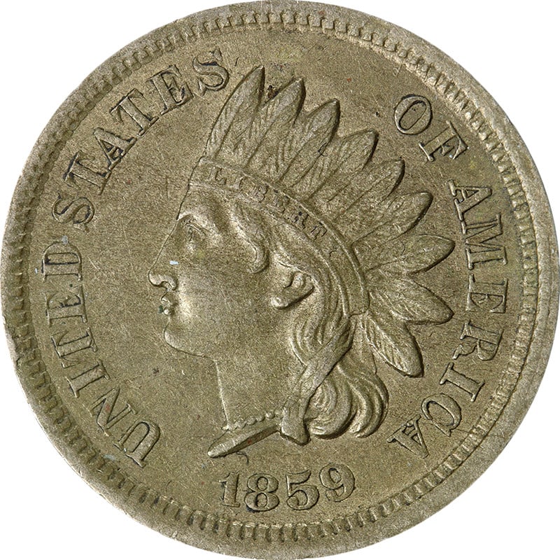 1859 Copper Indian Cent Strong Strike Choice AU Plus: 1859 Copper Indian Cent Strong Strike Choice AU Plus This 1859 Indian Cent presents a remarkable blend of great eye appeal and a strong strike, making it a standout piece for collectors. With superb c