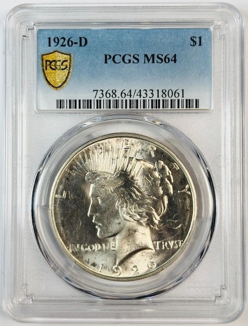 PCGS MS64 1926 Denver Mint Silver Peace Dollar: PCGS MS64 1926 Denver Mint Silver Peace Dollar This 1926 D Peace Dollar is certified by PCGS with a grade of MS 64, indicating it is in uncirculated condition. Minted in Denver, this pre-owned coin is