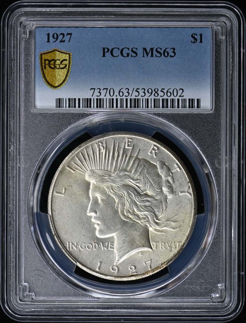 1927 Peace Dollar Silver Coin PCGS MS63 Graded Uncirculated: 1927 Peace Dollar Silver Coin PCGS MS63 Graded Uncirculated This 1927 Peace Dollar is graded MS63 by PCGS and is uncirculated. Minted in Philadelphia, it features the classic Peace Dollar design and i