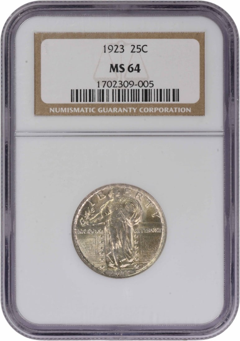 1923 NGC MS64 Standing Liberty Quarter Philadelphia 90 Percent Silver: 1923 NGC MS64 Standing Liberty Quarter Philadelphia 90 Percent Silver This is a 1923 Standing Liberty Quarter from the United States, designed by Hermon A. Mac Neil and minted in Philadelphia. Graded