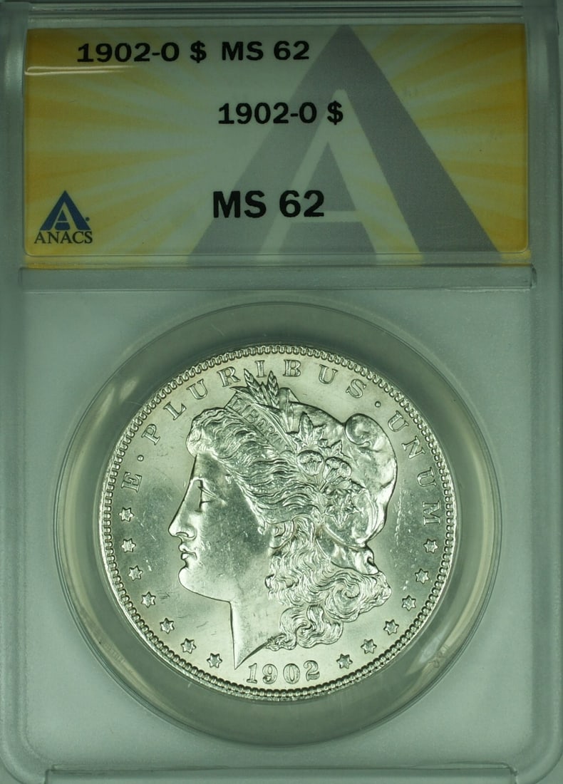 ANACS MS-62 Graded 1902-O Silver Morgan Dollar Uncirculated $1 Coin: ANACS MS-62 Graded 1902-O Silver Morgan Dollar Uncirculated $1 Coin This is a 1902-O Morgan Silver Dollar $1 coin certified by ANACS with a grade of MS-62. It was minted in New Orleans and is composed