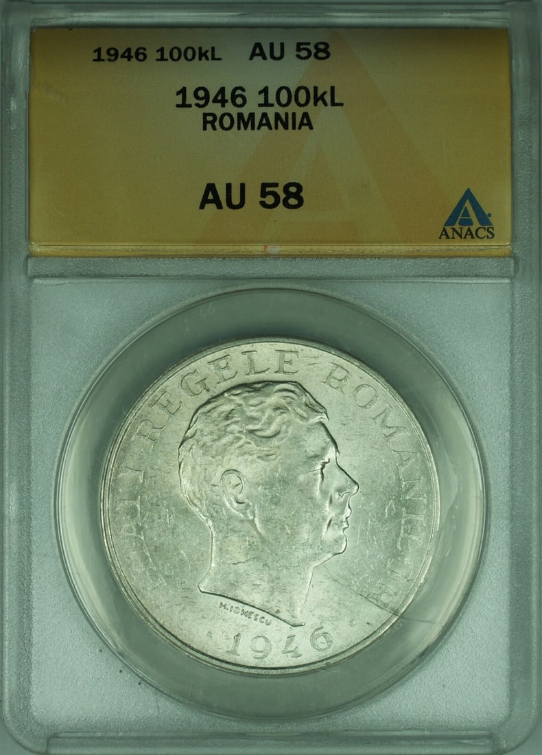 Romania 1946 100000 Lei Silver Coin ANACS AU-58 Certified: Romania 1946 100000 Lei Silver Coin ANACS AU-58 Certified This 1946 Romania 100,000 Lei silver coin features King Michael I and has been certified by ANACS with a grade of AU-58. Minted in silver with