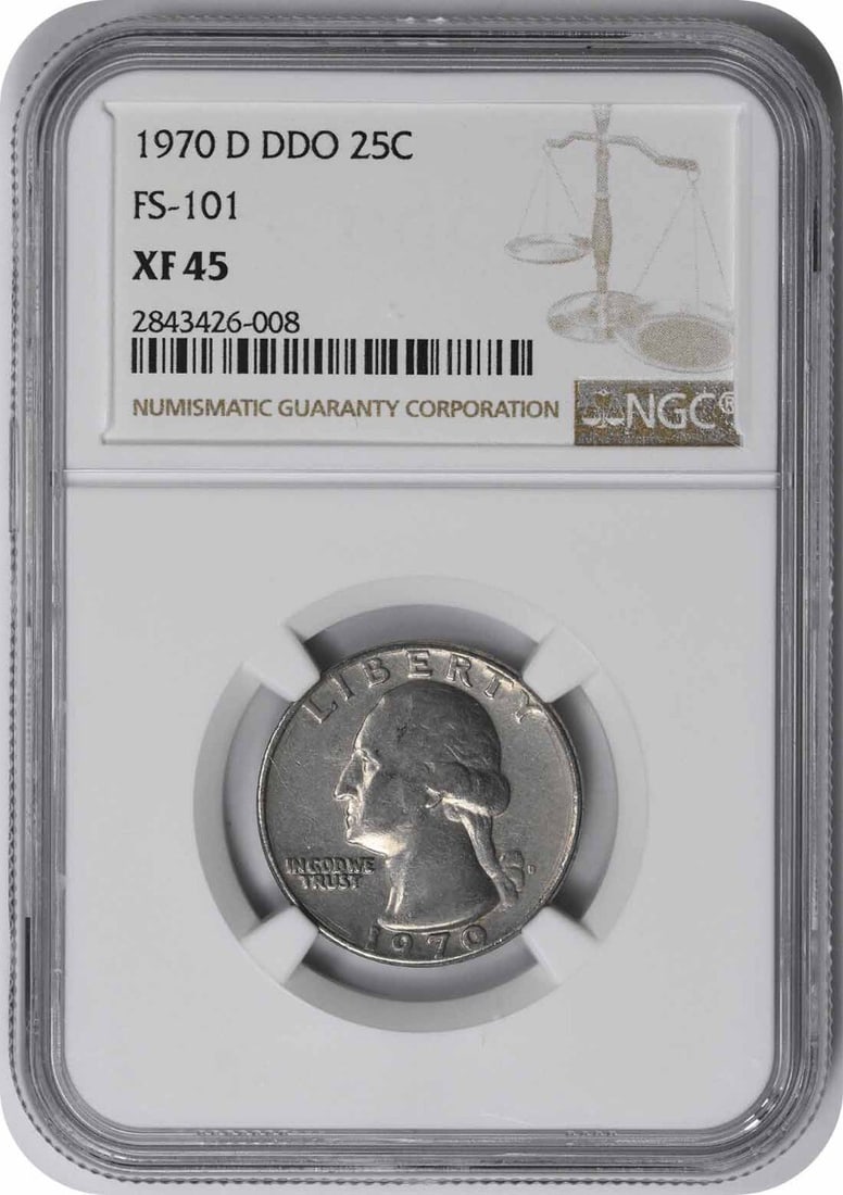 1970-D Washington Quarter DDO XF45 NGC Certified Coin: 1970-D Washington Quarter DDO XF45 NGC Certified Coin This 1970-D Washington Quarter showcases the Double Die Obverse (DDO) variety, certified by NGC with a grade of XF45. Minted in Denver, this coin