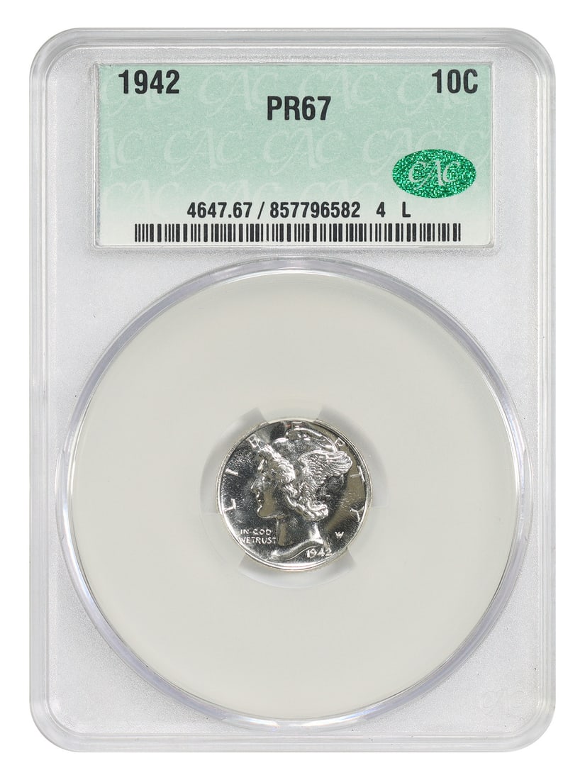 1942 Proof Mercury Dime CACG Certified PR67 10C Philadelphia: 1942 Proof Mercury Dime CACG Certified PR67 10C Philadelphia This 1942 Mercury Dime is a proof strike coin graded PR67 by CACG. It is uncirculated and was minted in Philadelphia as part of a limited m