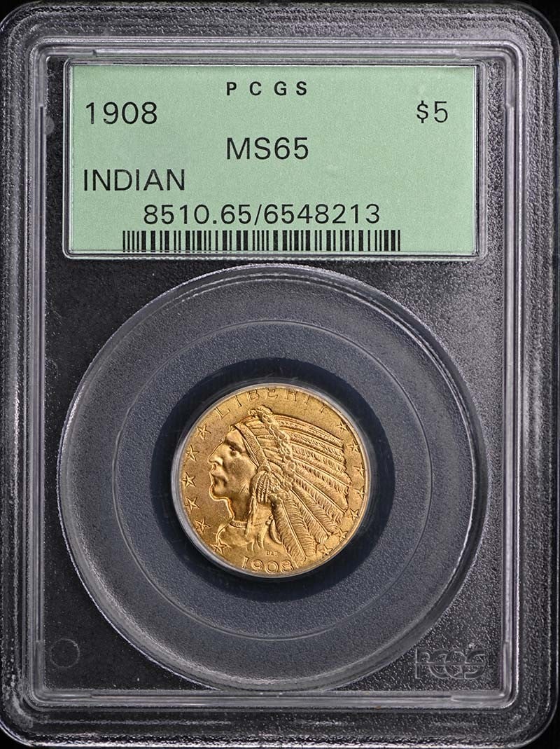 1908 Indian Five Dollar Gold Coin PCGS MS65 Graded Uncirculated: 1908 Indian Five Dollar Gold Coin PCGS MS65 Graded Uncirculated This 1908 $5 Indian Head gold coin has been graded MS65 by PCGS, indicating a high-quality, uncirculated example. Struck at the Philadel