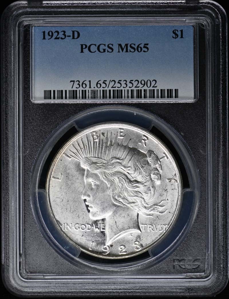 1923-D Peace Dollar PCGS MS65 Uncirculated Denver: 1923-D Peace Dollar PCGS MS65 Uncirculated Denver This 1923-D Peace Dollar is a stunning piece of numismatic history, certified by PCGS with a grade of MS65, indicating its uncirculated condition. Min