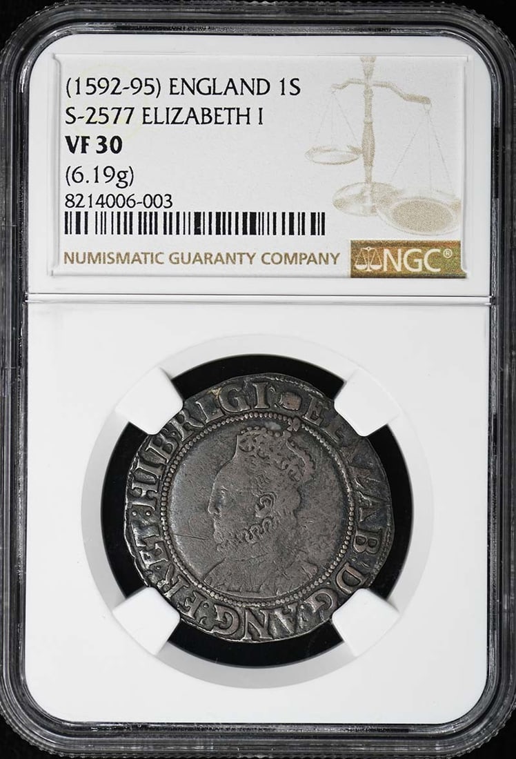 Elizabeth I English Shilling NGC Graded VF30 1592-1595: Elizabeth I English Shilling NGC Graded VF30 1592-1595 This is a circulated Elizabeth I 1 shilling coin from England, dated between 1592 and 1595. The coin has been graded VF30 by NGC and is a pre-own