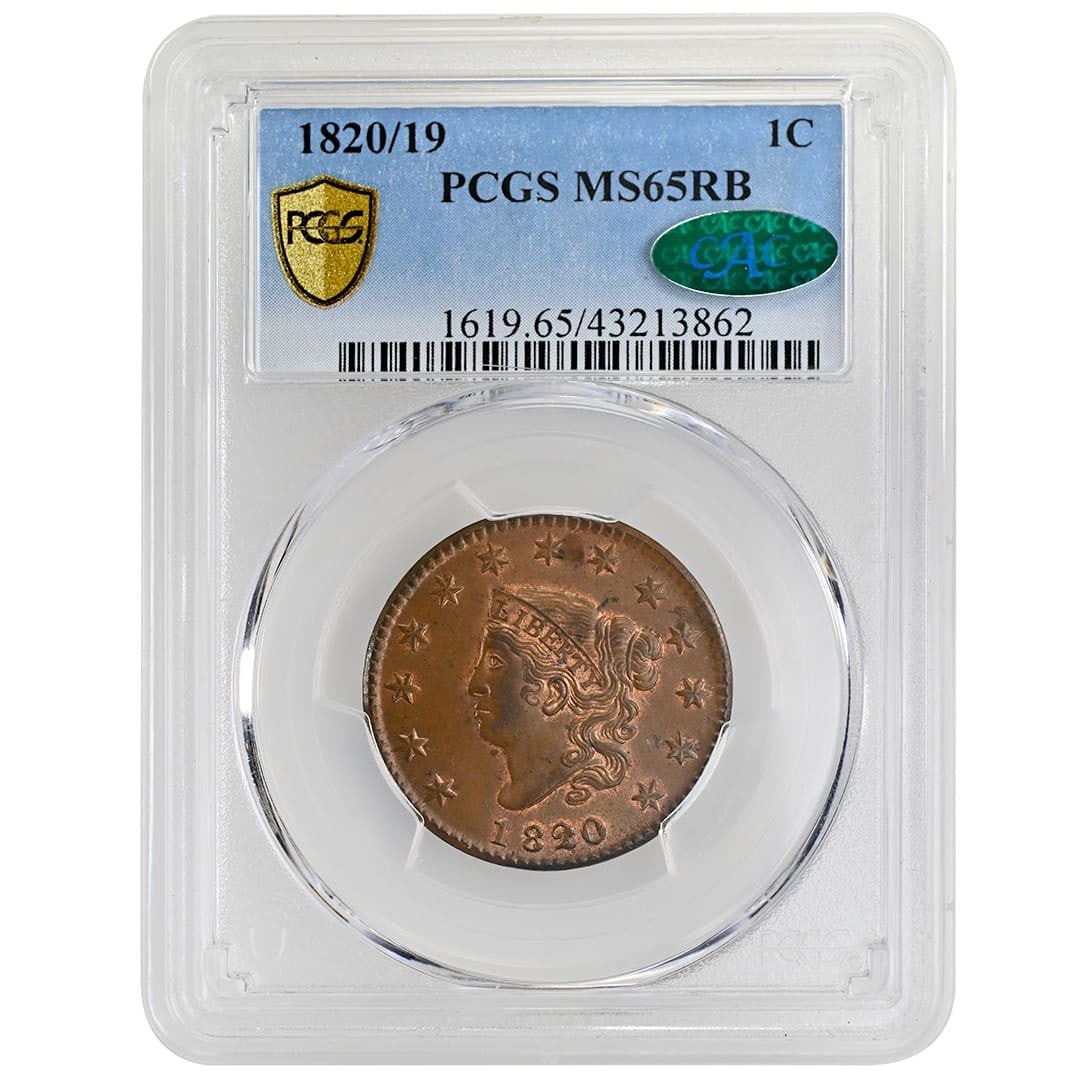 PCGS MS65RB CAC 1820 Over 19 Coronet Head Cent Copper Coin (1 of 4)