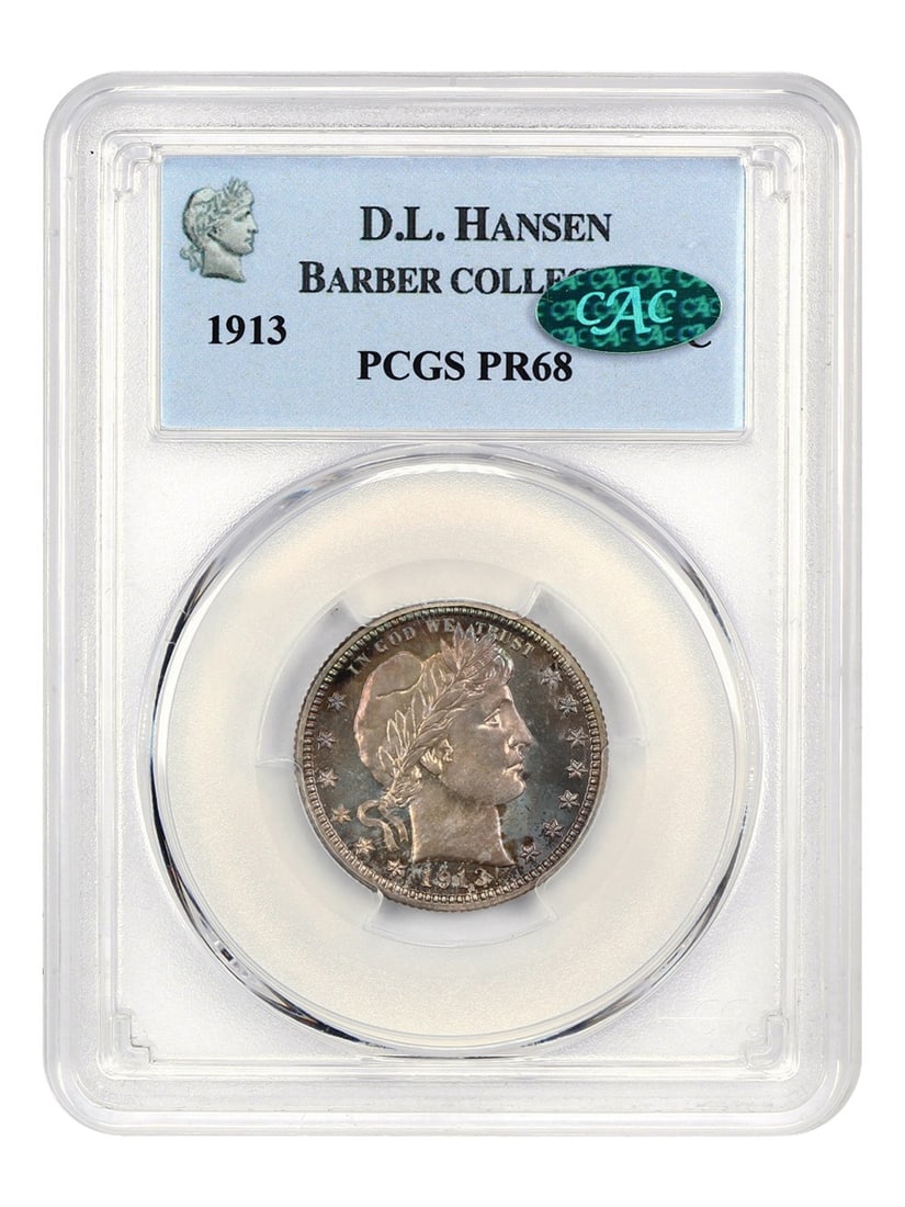 1913 Barber Quarter PCGS PR68 CAC Ultra Gem Low Mintage: 1913 Barber Quarter PCGS PR68 CAC Ultra Gem Low Mintage This stunning 1913 Barber Quarter is graded PR68 by PCGS and features CAC certification, marking it as an ultra-gem quality example. Struck at t