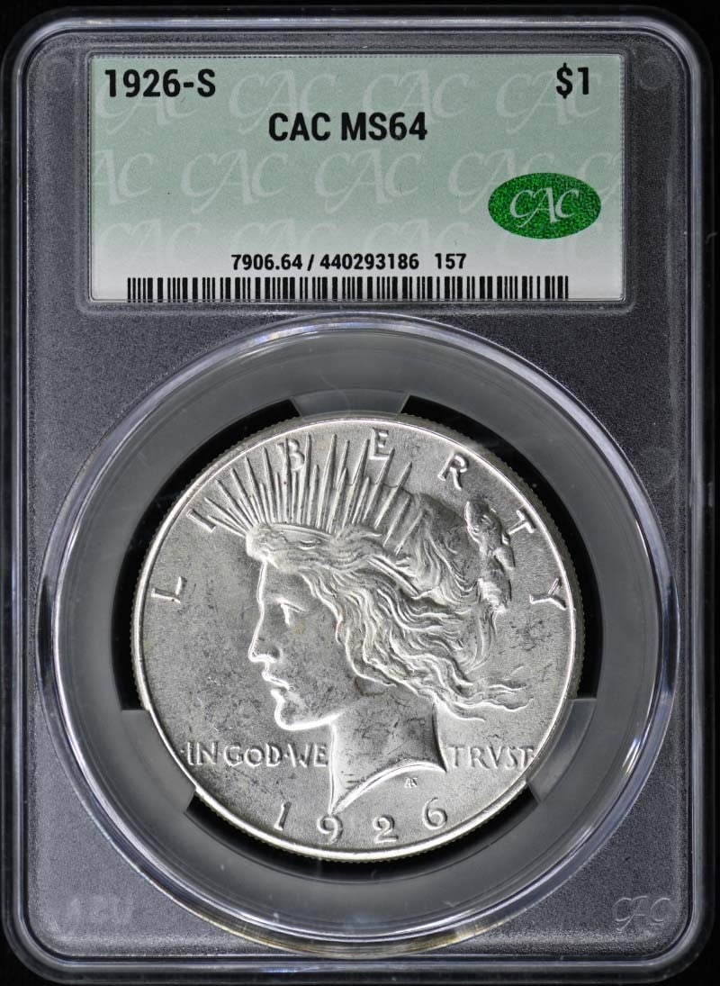 1926 San Francisco Peace Dollar CACG MS64 Graded with CAC Approval: 1926 San Francisco Peace Dollar CACG MS64 Graded with CAC Approval This is a 1926-S Peace Dollar graded MS64 by CACG, with CAC approval. It is an uncirculated coin minted in San Francisco, featuring t