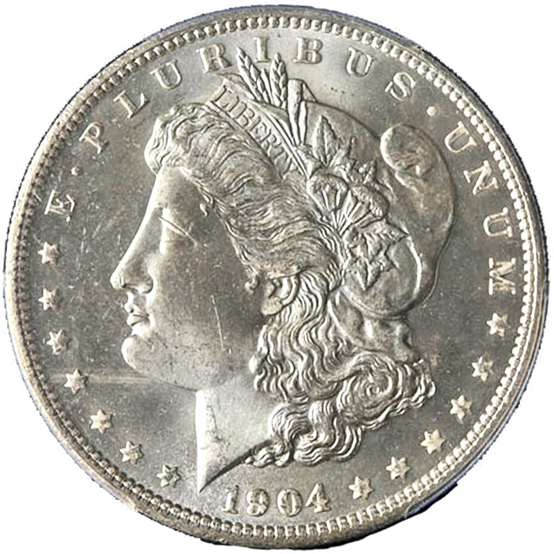 PCGS MS65 1904-O Morgan Dollar Certified Uncirculated Blazing White Gem: PCGS MS65 1904-O Morgan Dollar Certified Uncirculated Blazing White Gem This 1904-O Morgan Silver Dollar is certified by PCGS with a grade of MS65, indicating it is uncirculated and of gem quality. Th