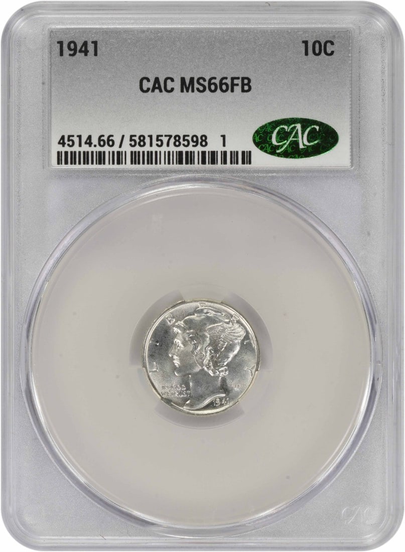 MS66FB CACG 1941 Philadelphia Mercury Dime 90 Percent Silver Coin: MS66FB CACG 1941 Philadelphia Mercury Dime 90 Percent Silver Coin This 1941-P Mercury Dime is an uncirculated coin graded MS66FB by CACG. Struck at the Philadelphia Mint, it features the iconic design