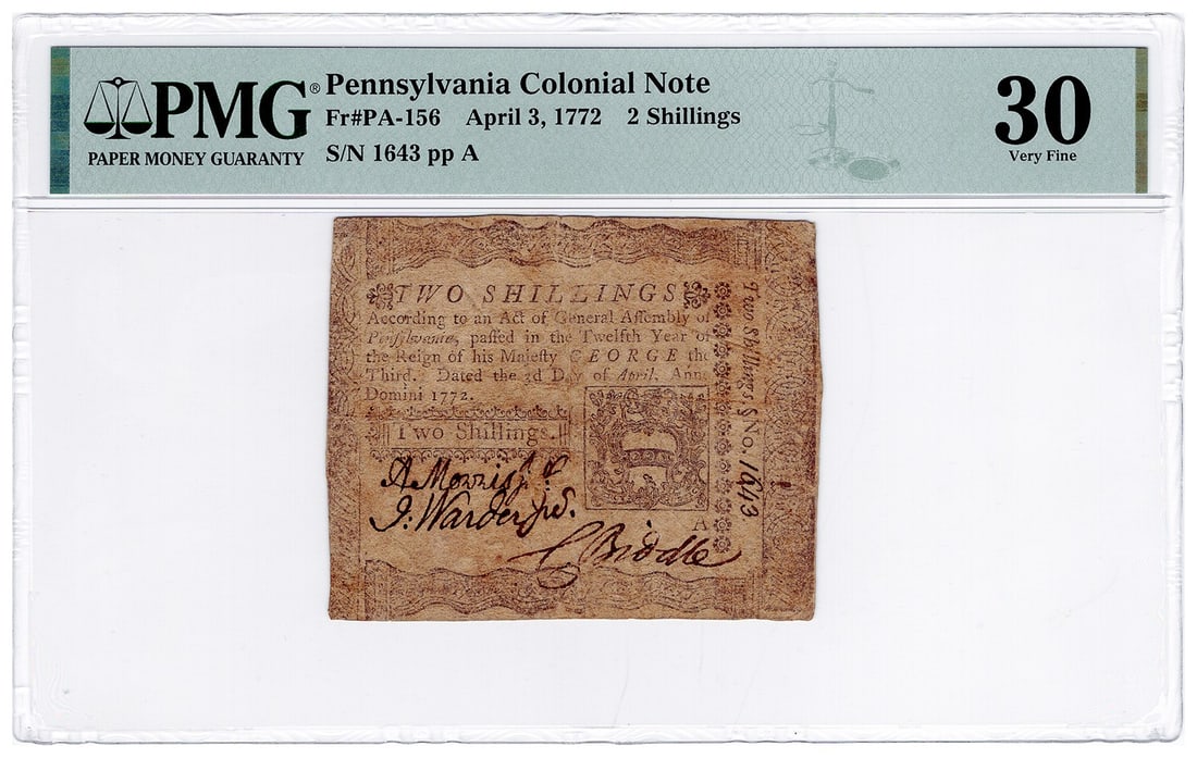 1772 Pennsylvania Colonial 2 Shillings Note PMG VF30: 1772 Pennsylvania Colonial 2 Shillings Note PMG VF30 This historical Pennsylvania Colonial Note, dated April 3, 1772, features a denomination of 2 Shillings. It has been certified by PMG with a grade