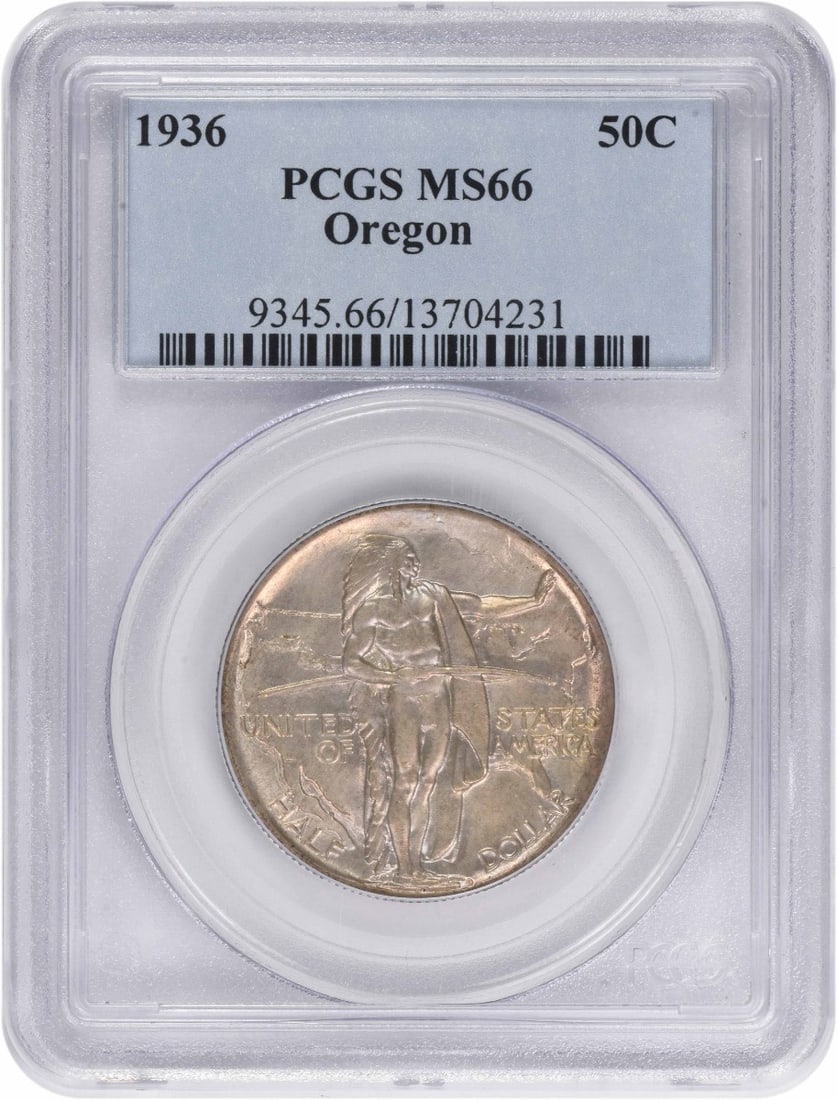 MS66 PCGS 1936 Silver Oregon Half Dollar Commemorative Coin: MS66 PCGS 1936 Silver Oregon Half Dollar Commemorative Coin This 1936 Oregon Commemorative Silver Half Dollar is graded MS66 by PCGS. Featuring a silver composition, this uncirculated coin is a commem