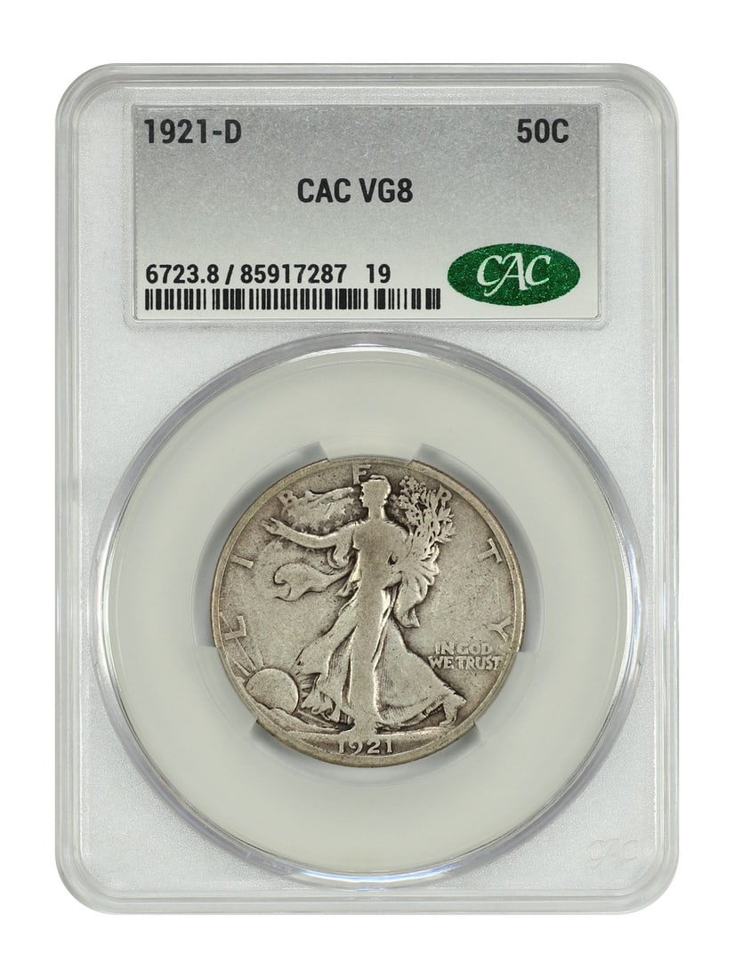 CACG Graded 1921-D Walking Liberty Half Dollar Key Date 50C: CACG Graded 1921-D Walking Liberty Half Dollar Key Date 50C This 1921-D Walking Liberty Half Dollar is a key date coin from the Denver Mint, known for having the lowest mintage in the series with only