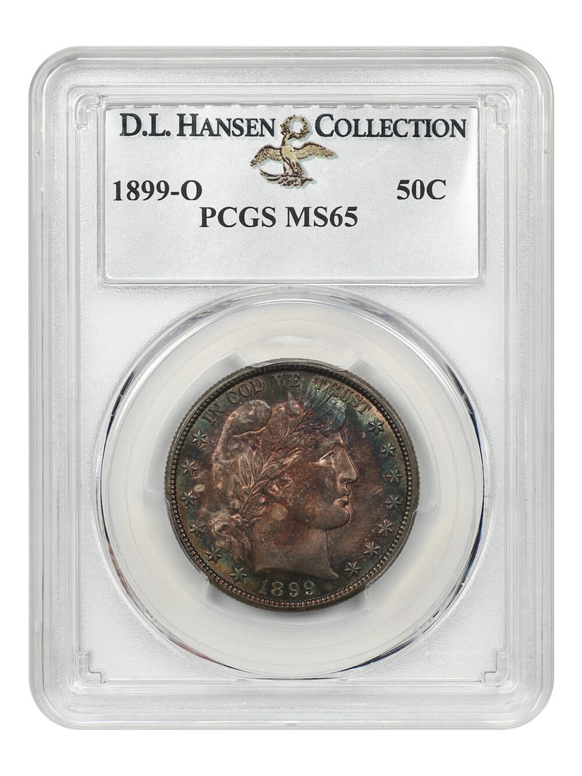 1899-O Barber Half Dollar 50c PCGS MS65 D.L. Hansen Collection: 1899-O Barber Half Dollar 50c PCGS MS65 D.L. Hansen Collection This 1899-O Barber Half Dollar, graded MS65 by PCGS, showcases stunning rich teal, rose, and violet toning across the obverse, while the