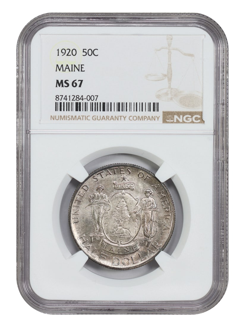Maine Centennial 1920 Silver Half Dollar NGC MS67 Commemorative Coin: Maine Centennial 1920 Silver Half Dollar NGC MS67 Commemorative Coin This 1920 Maine 50C Classic Silver Commemorative coin is graded MS67 by NGC and was issued to commemorate the 100th anniversary of