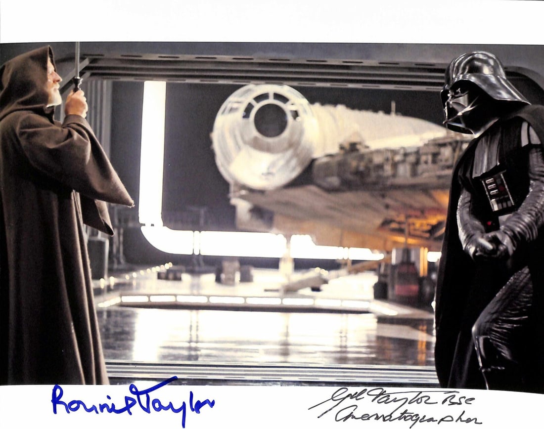 Gil Taylor Ronnie Taylor Signed Star Wars Duel Photo 8x10 Beckett Authenticated: Gil Taylor Ronnie Taylor Signed Star Wars Duel Photo 8x10 Beckett Authenticated This striking 8x10 photograph captures the iconic duel between Darth Vader and Obi-Wan Kenobi, signed by esteemed produc