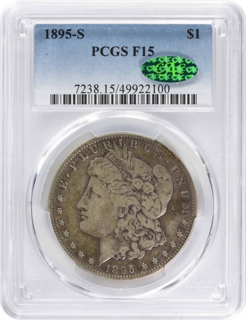 PCGS CAC Certified 1895-S Morgan Dollar Fine Silver San Francisco Mint: PCGS CAC Certified 1895-S Morgan Dollar Fine Silver San Francisco Mint This 1895-S Morgan Silver Dollar is graded F15 by PCGS and certified by CAC. Minted in San Francisco, the coin features a composi