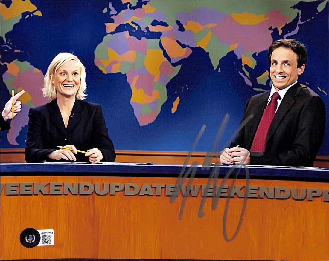 Seth Meyers Signed 8x10 Photo from SNL Beckett Certified: Seth Meyers Signed 8x10 Photo from SNL Beckett Certified This is an autographed 8x10 photograph of Seth Meyers, signed in silver permanent marker. The photograph features Seth Meyers from the renowned