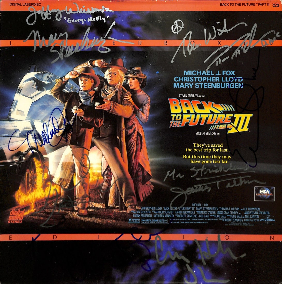 Laserdisc Signed by Back To The Future III Cast Beckett Authenticated: Laserdisc Signed by Back To The Future III Cast Beckett Authenticated This is an original Back to the Future III laserdisc autographed in permanent marker by the entire main cast. Signatures include M